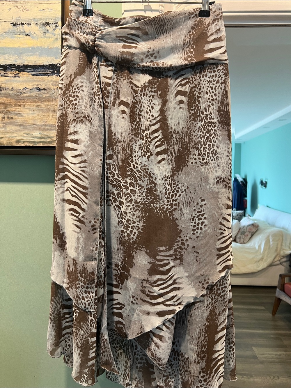 Brown Animal-Print Layered Maxi Skirt